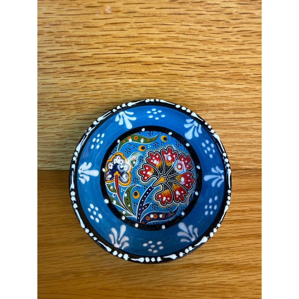 Turkish Hand Painted Ceramic Floral Boho Bowl Blue Red Small Hand Made 3.25in